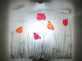 Applique murale motif coquelicots rouge et jaune orange réalisée sur mesure